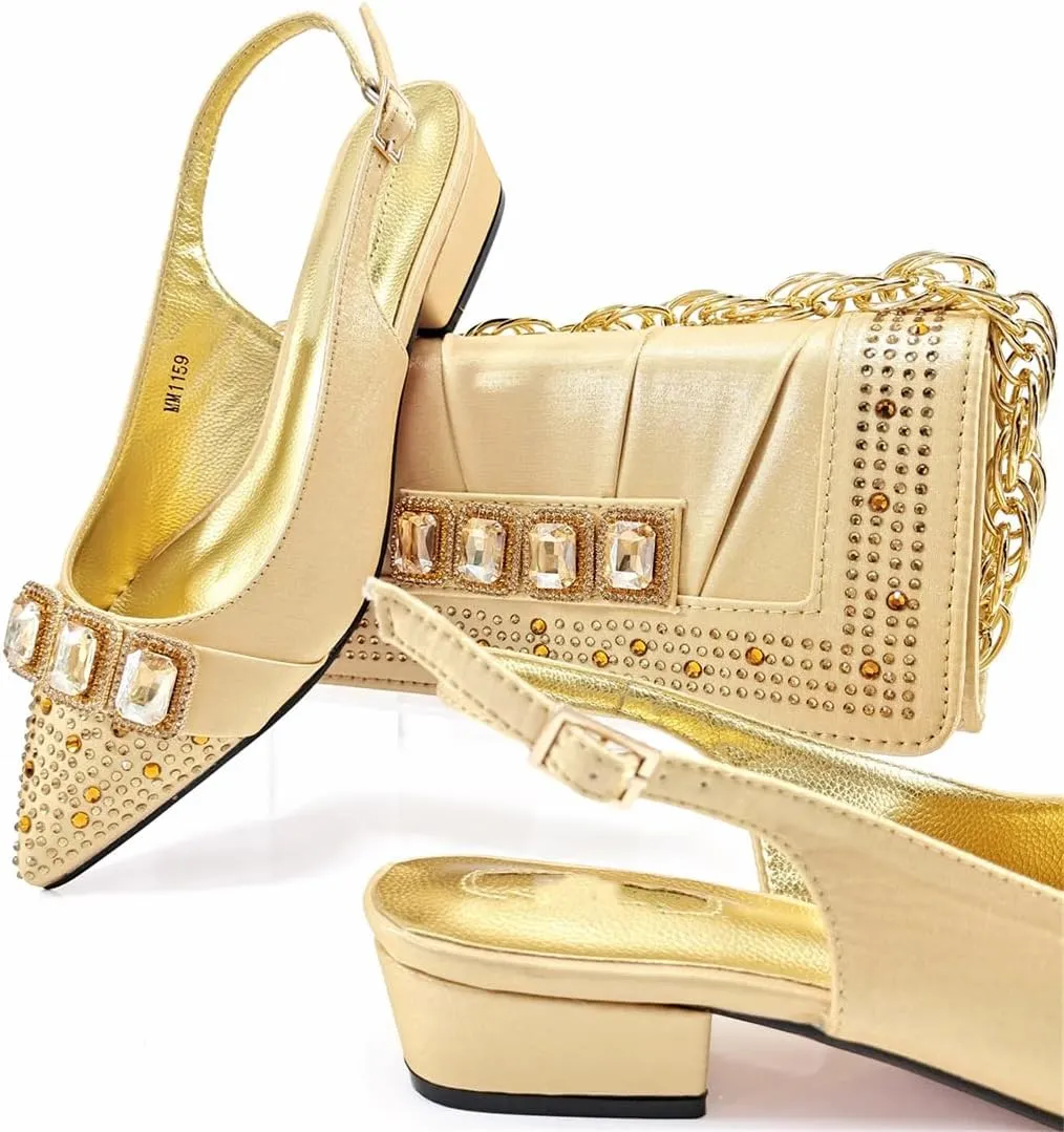 WomenS Classic Italian Shoes and Bag Set for Garden Party with Square Heel and Slingback Design
