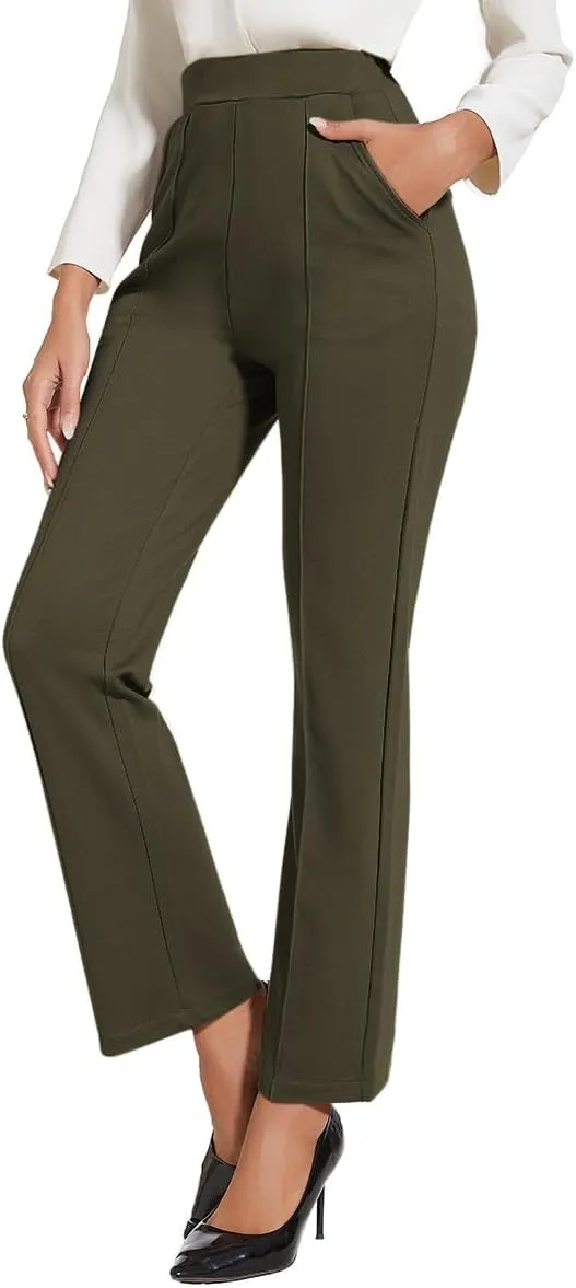 Women's Classic Stretchy Pull On High Rise Pants Straight Leg Slacks