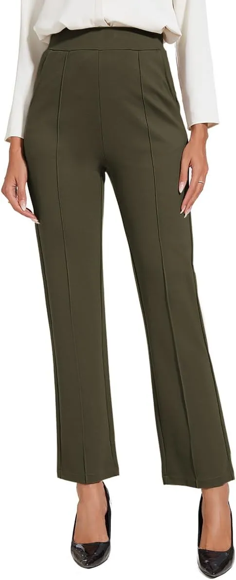 Women's Classic Stretchy Pull On High Rise Pants Straight Leg Slacks
