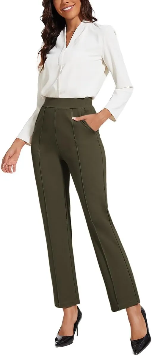 Women's Classic Stretchy Pull On High Rise Pants Straight Leg Slacks