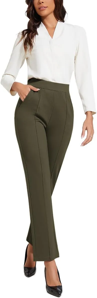Women's Classic Stretchy Pull On High Rise Pants Straight Leg Slacks