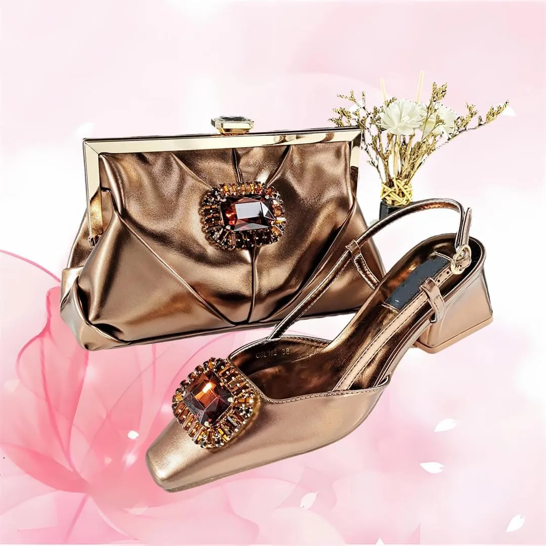 WomenS Coffee Rhinestone Pointed Toe High Heels and Matching Bag Set for Luxury Parties