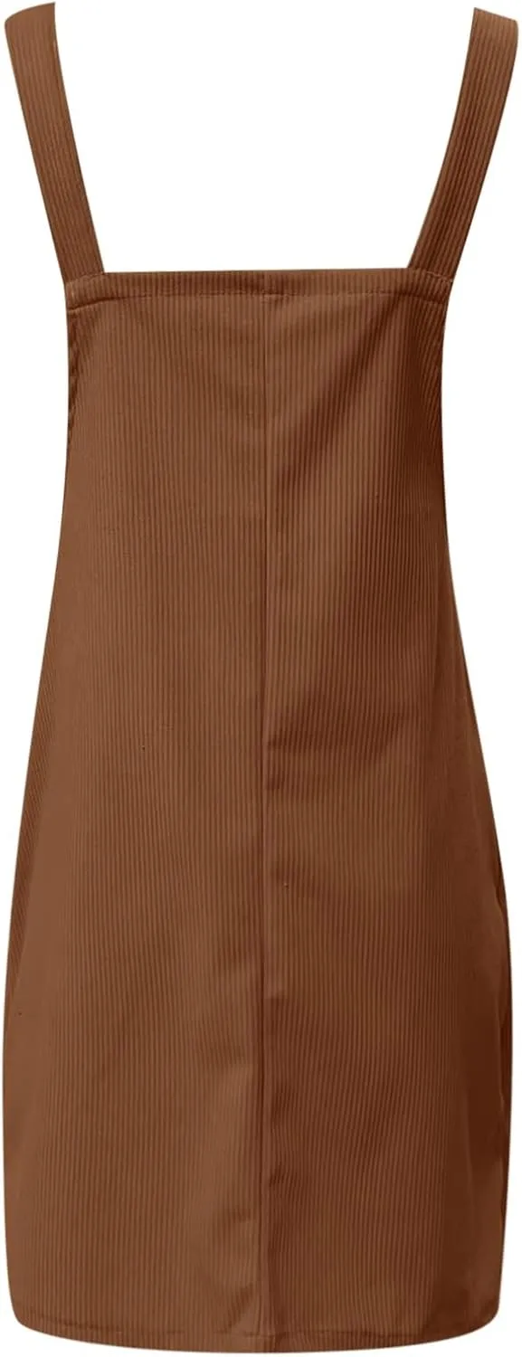 Women's Corduroy A Line Mini Dress Adjustable Button Down Strap Sundress Front Pockets Elegant Plain Cord Dresses