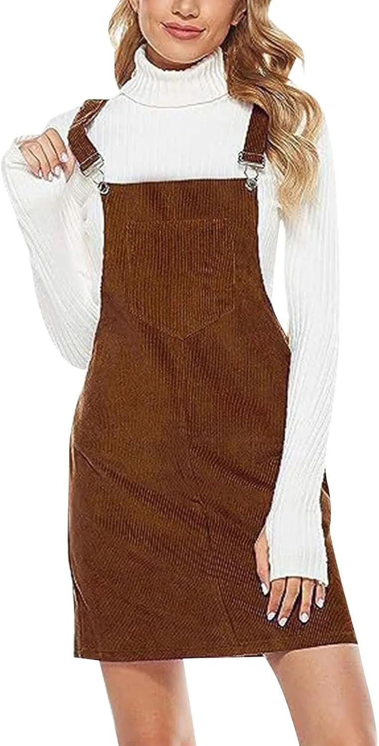 Women's Corduroy A Line Mini Dress Adjustable Button Down Strap Sundress Front Pockets Elegant Plain Cord Dresses