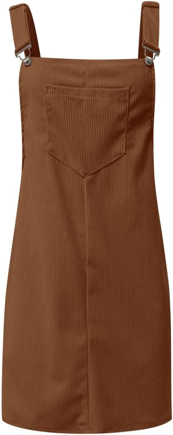 Women's Corduroy A Line Mini Dress Adjustable Button Down Strap Sundress Front Pockets Elegant Plain Cord Dresses