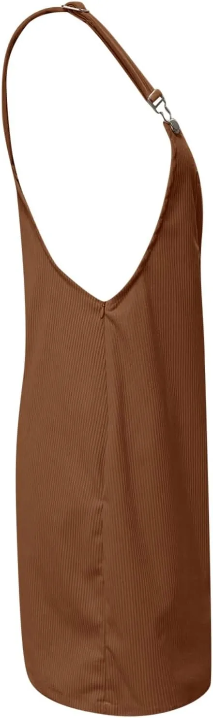 Women's Corduroy A Line Mini Dress Adjustable Button Down Strap Sundress Front Pockets Elegant Plain Cord Dresses