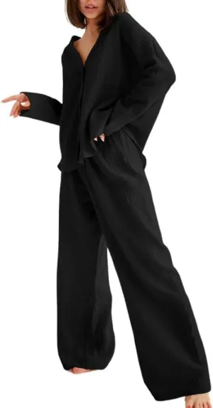 Womens Cotton Gauze Loungewear Sets Casual 2 Piece Sleepwear Button Down Shirt and Wide Leg Pants Outfits