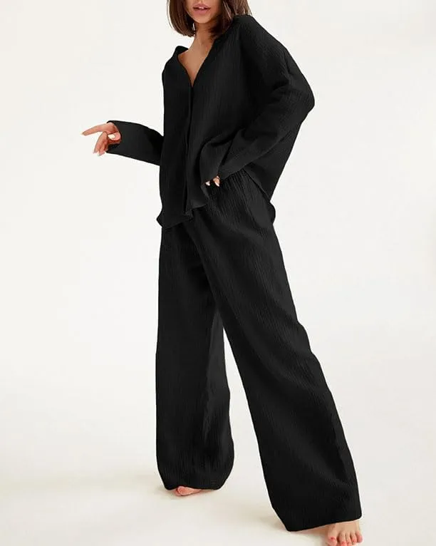 Womens Cotton Gauze Loungewear Sets Casual 2 Piece Sleepwear Button Down Shirt and Wide Leg Pants Outfits