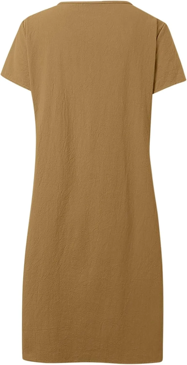 Women's Cotton Linen Midi Dress Plus Size Cap Sleeve Pleated Summer Dresses Vacation 2025 Crew Neck Casual Dress for Women