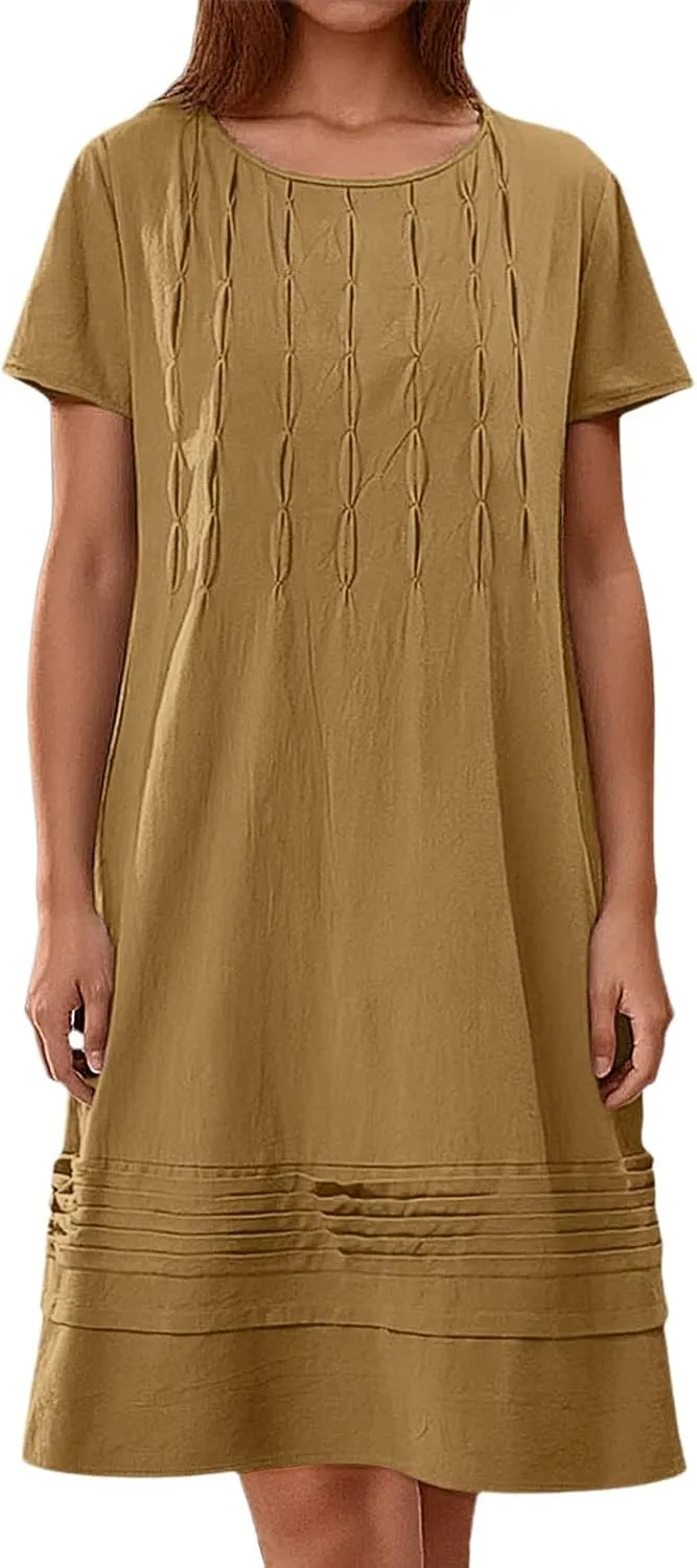 Women's Cotton Linen Midi Dress Plus Size Cap Sleeve Pleated Summer Dresses Vacation 2025 Crew Neck Casual Dress for Women
