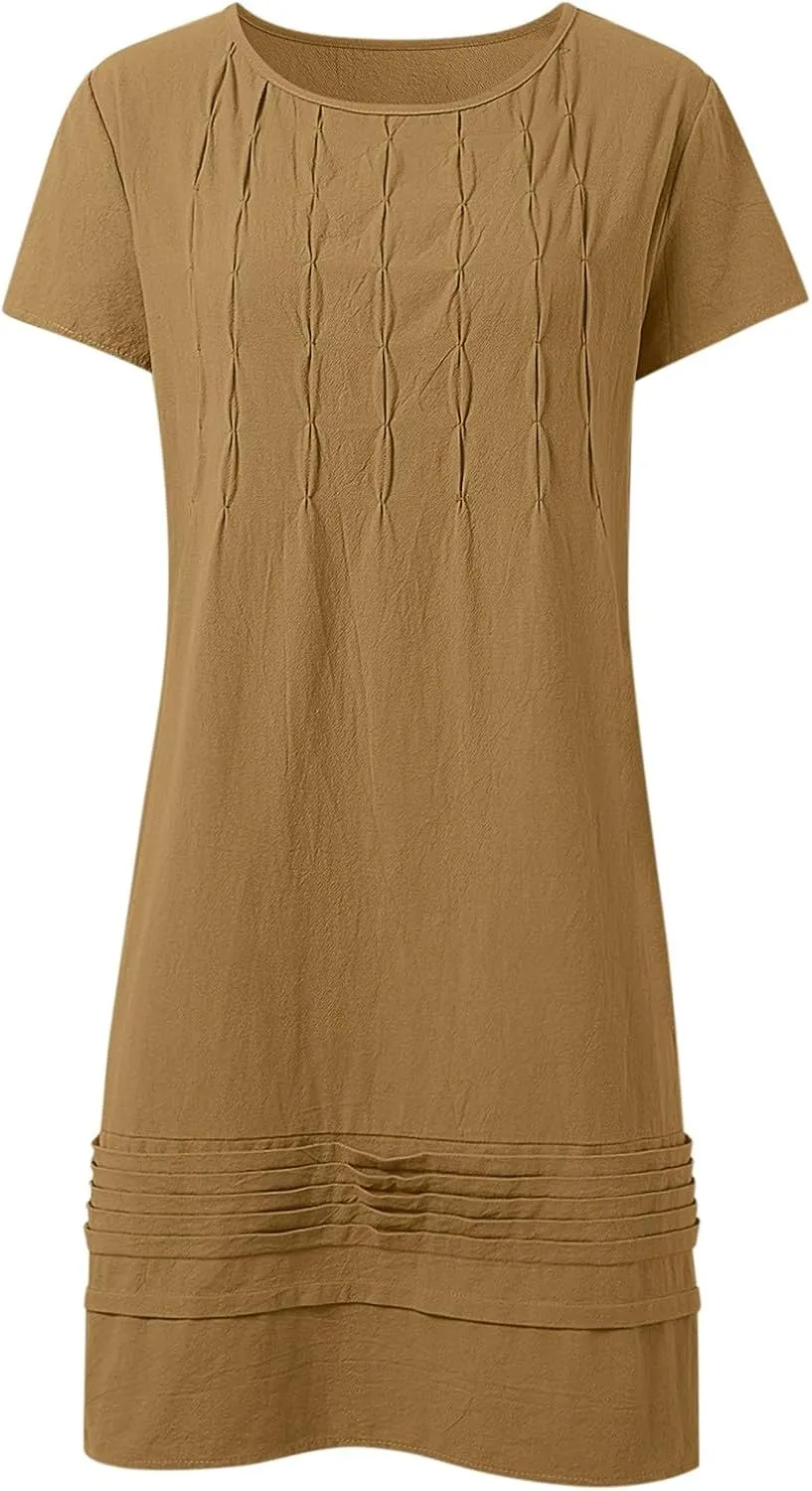 Women's Cotton Linen Midi Dress Plus Size Cap Sleeve Pleated Summer Dresses Vacation 2025 Crew Neck Casual Dress for Women