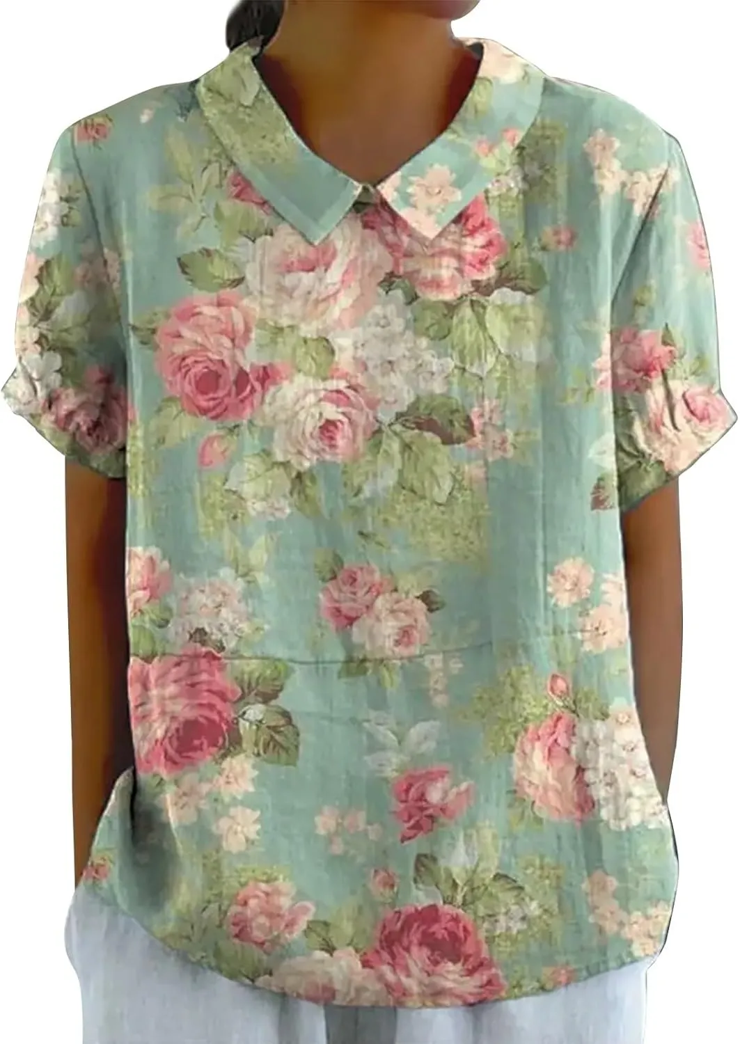 Womens Cotton Linen Short Sleeve T Shirts Casual Ruffled Trim Blouses Summer Cute Solid Tops Tunic Tee