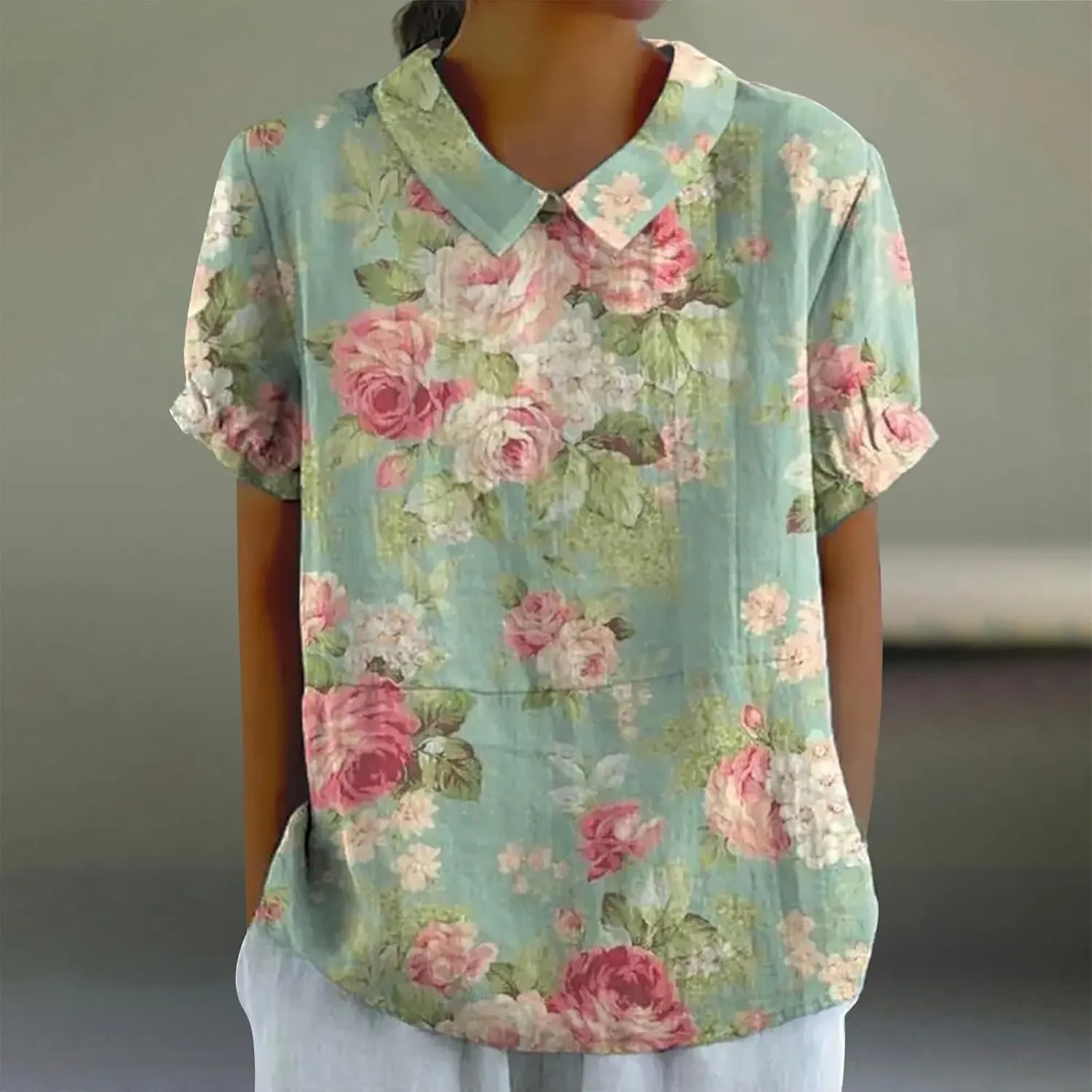 Womens Cotton Linen Short Sleeve T Shirts Casual Ruffled Trim Blouses Summer Cute Solid Tops Tunic Tee