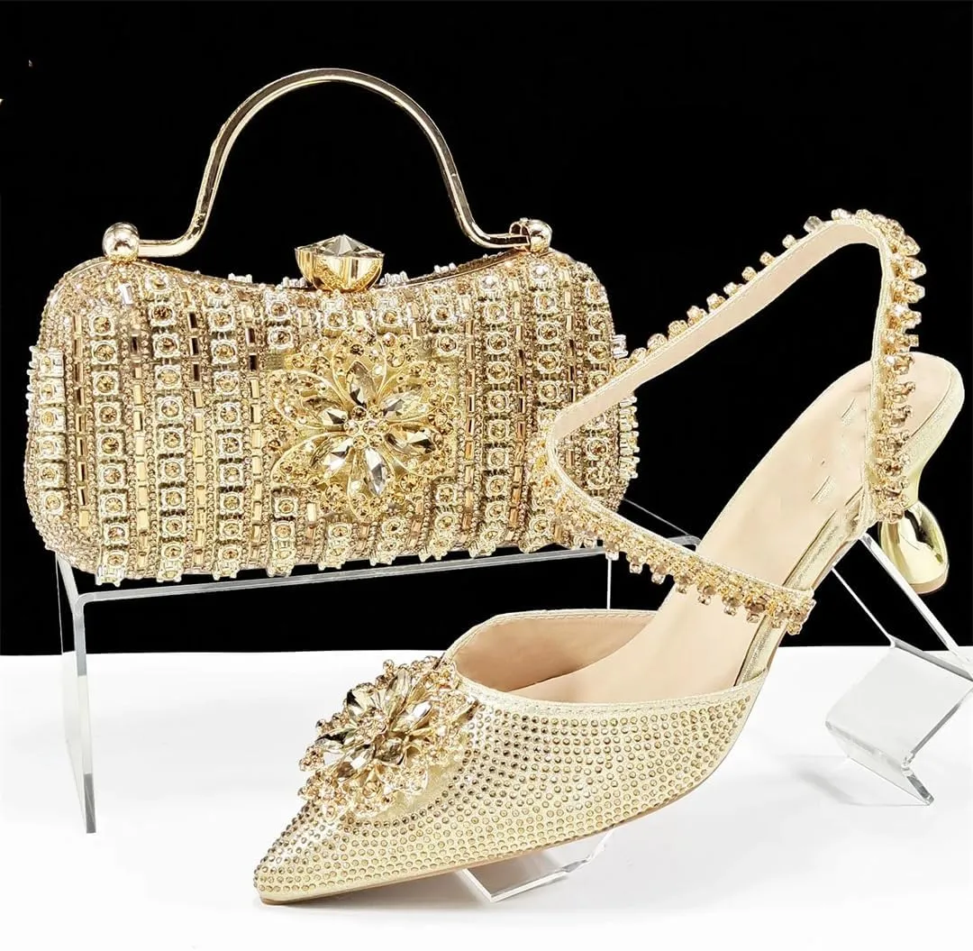 WomenS Dazzling Thin Heel Pumps and Clutch Set with Crystal Details for Festive Elegance