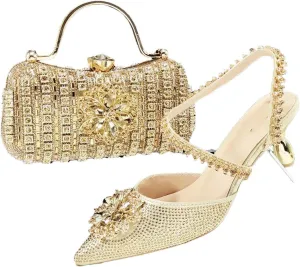 WomenS Dazzling Thin Heel Pumps and Clutch Set with Crystal Details for Festive Elegance