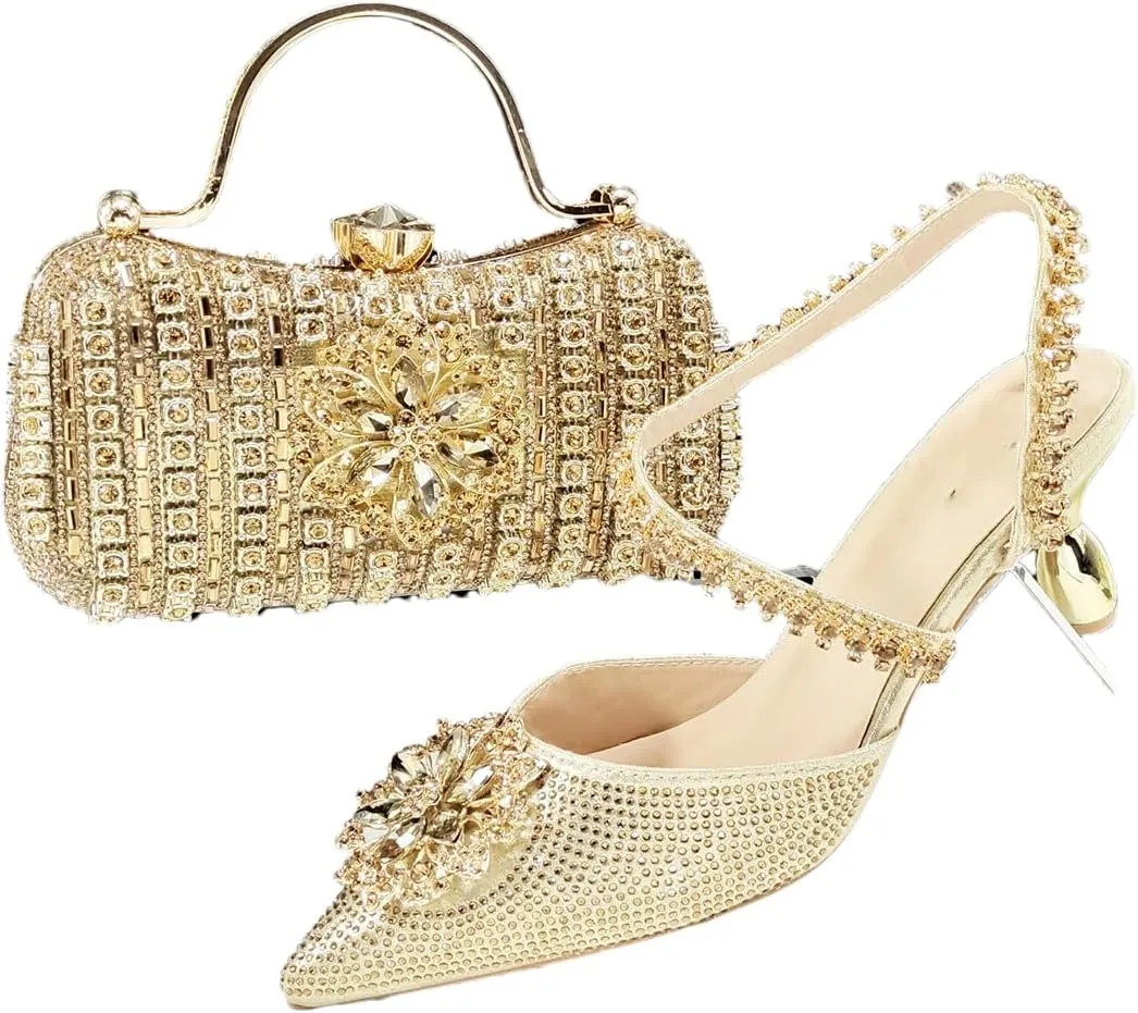 WomenS Dazzling Thin Heel Pumps and Clutch Set with Crystal Details for Festive Elegance