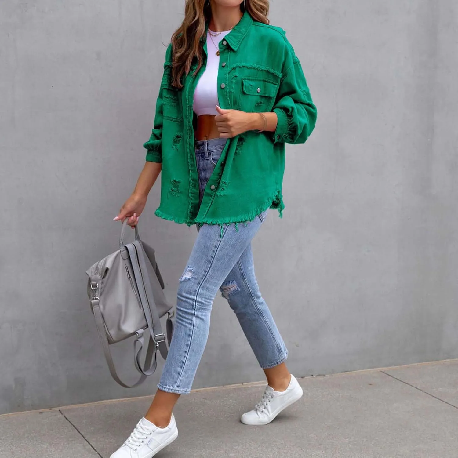 Womens Denim Jacket Oversized Button Up Frayed Hem Shacket Jean Coat Distressed Shirts Long Sleeve Trucker Coats Tops