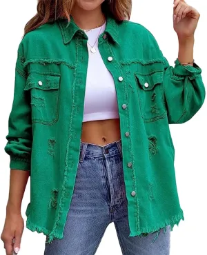 Womens Denim Jacket Oversized Button Up Frayed Hem Shacket Jean Coat Distressed Shirts Long Sleeve Trucker Coats Tops