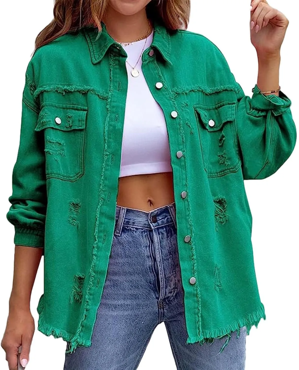 Womens Denim Jacket Oversized Button Up Frayed Hem Shacket Jean Coat Distressed Shirts Long Sleeve Trucker Coats Tops