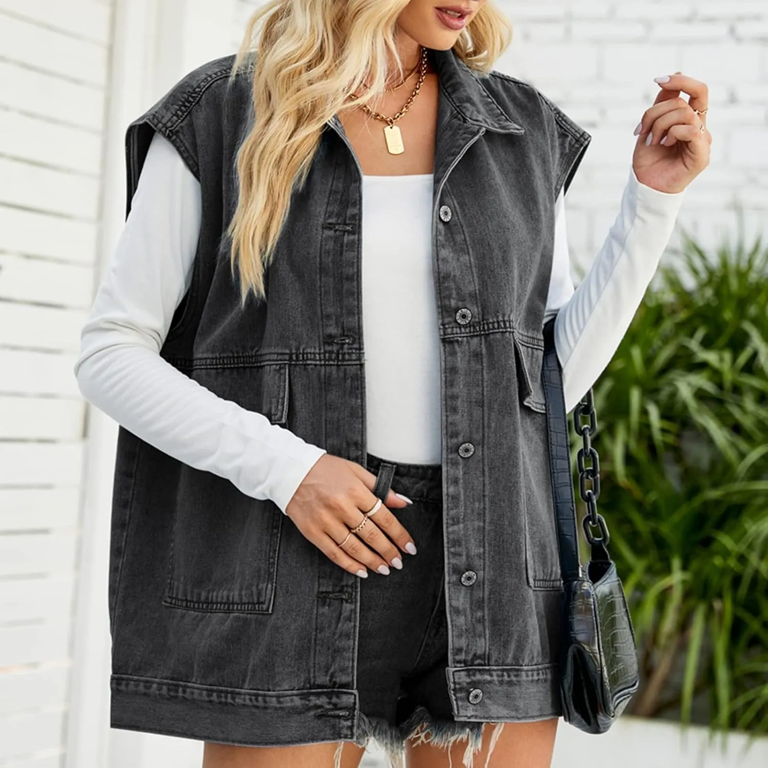 Women's Denim Retro Denim Top Oversized Sleeveless Button Denim Jacket