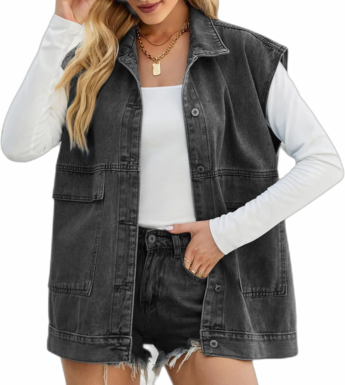 Women's Denim Retro Denim Top Oversized Sleeveless Button Denim Jacket