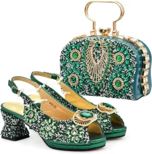 Womens Designer Rhinestone Accented Party Shoes and Clutch Combo Comfortable Heels for Formal Occasions
