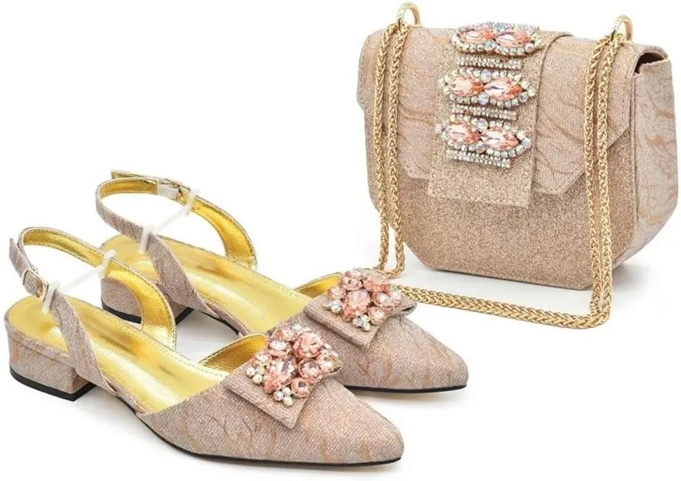 WomenS Elegant Bowtie Party Wedding Shoes and Bag Set Pointed Toe Low Heels Slingbacks Pumps with Handbag