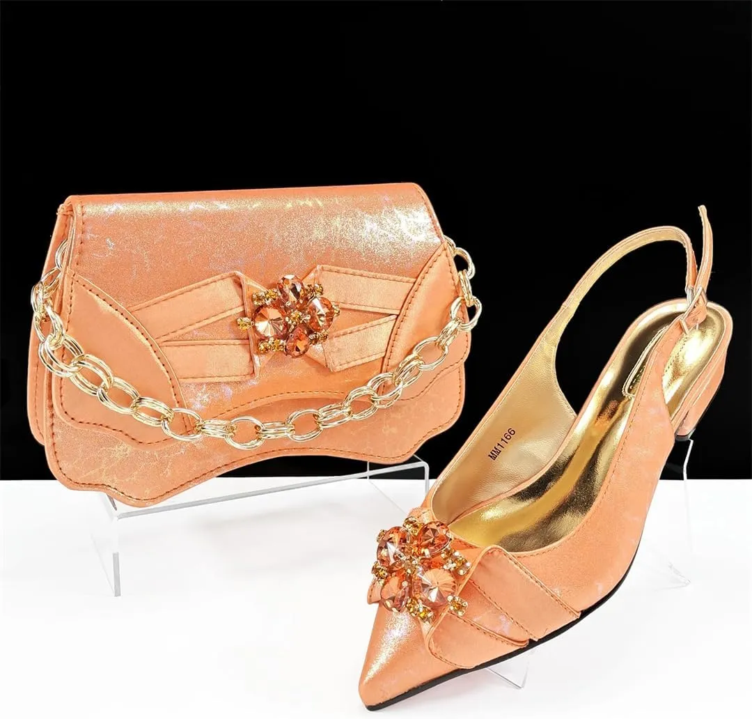 WomenS Elegant Gold Italian Pumps and Matching Bag Set with Thin Heels for Special Occasions
