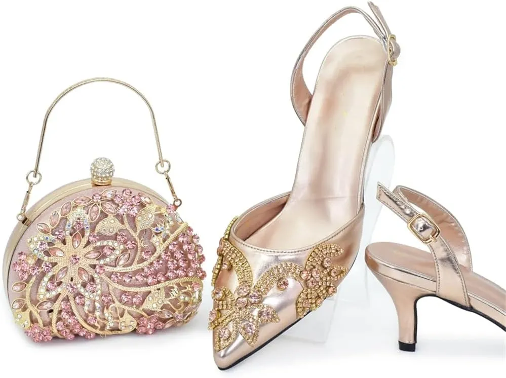 WomenS Elegant Italian Shoes and Bag Set for Dress Occasion with Charm Decorations and Buckle Strap