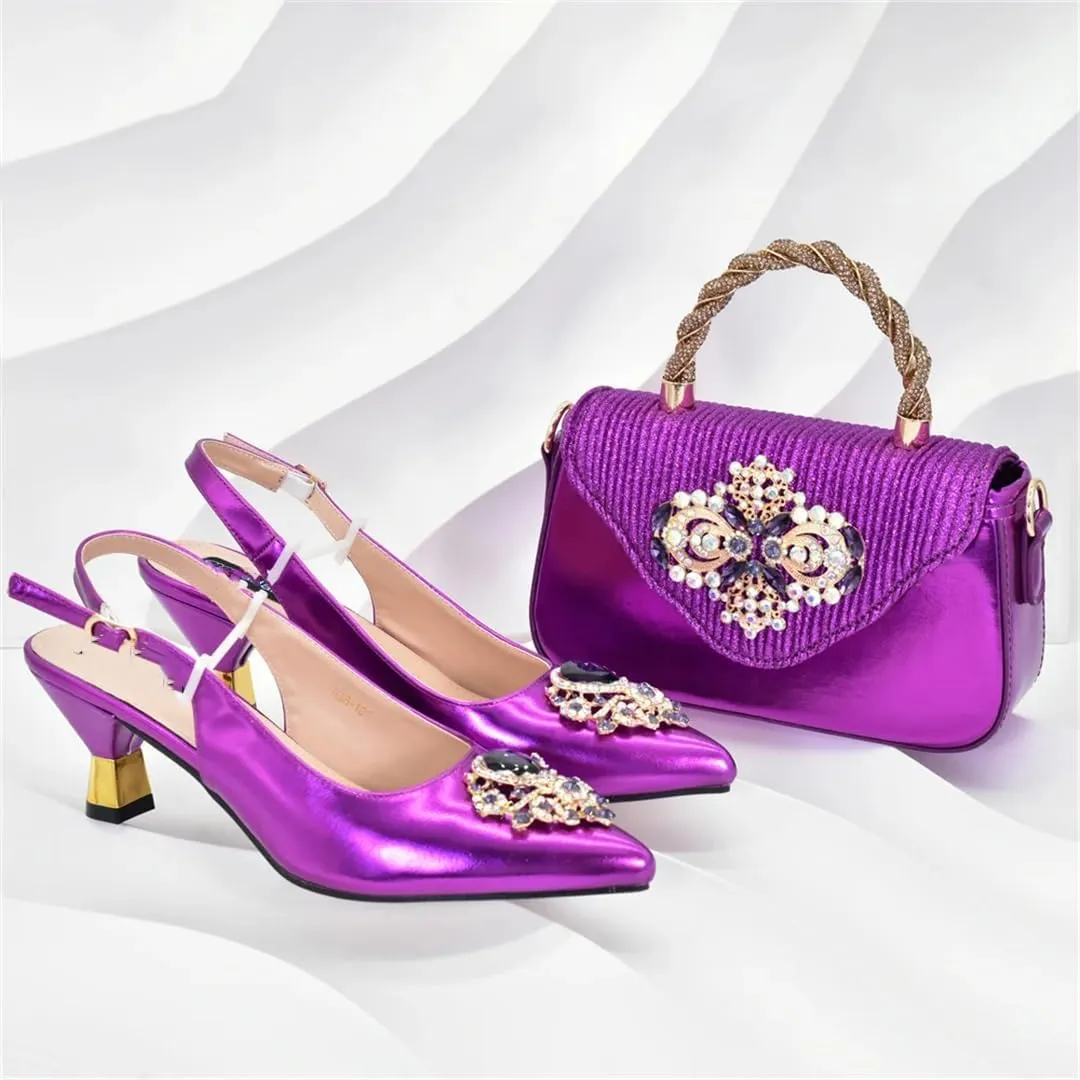 WomenS Elegant Pumps and Handbag Set with Hoof Heels and Crystal Details for Evening Wear
