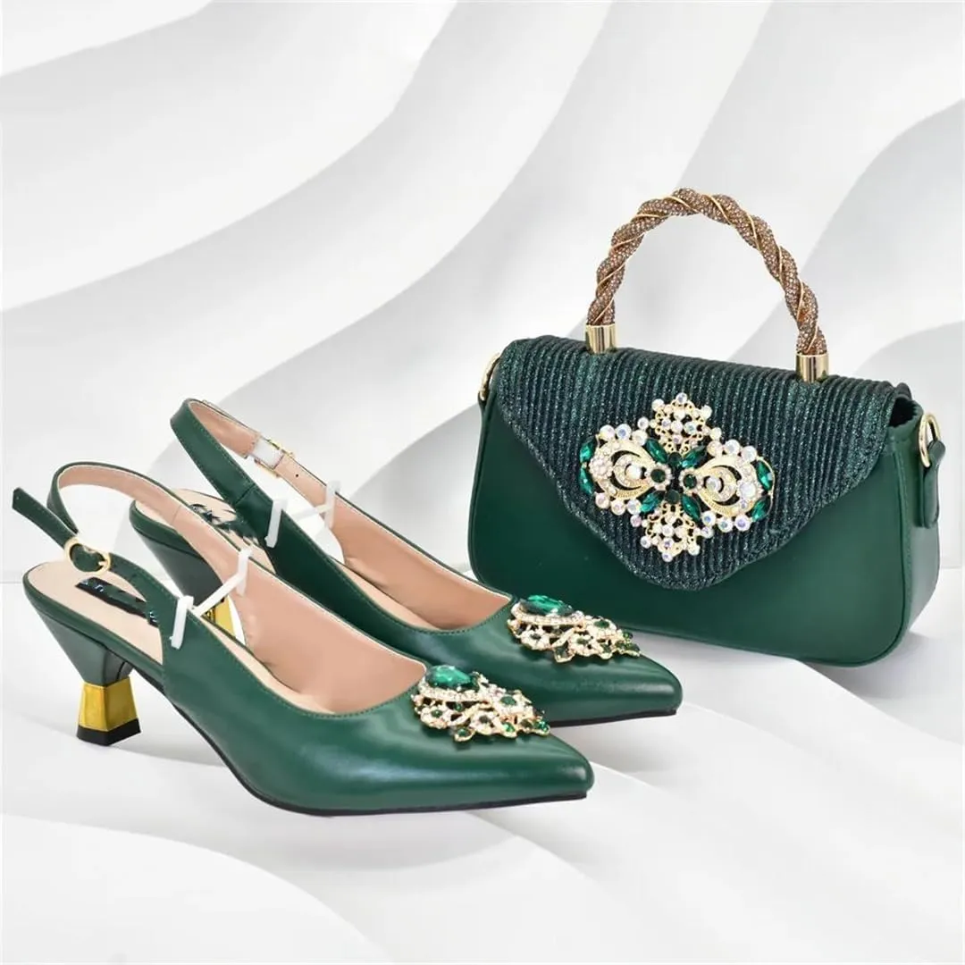 WomenS Elegant Pumps and Handbag Set with Hoof Heels and Crystal Details for Evening Wear