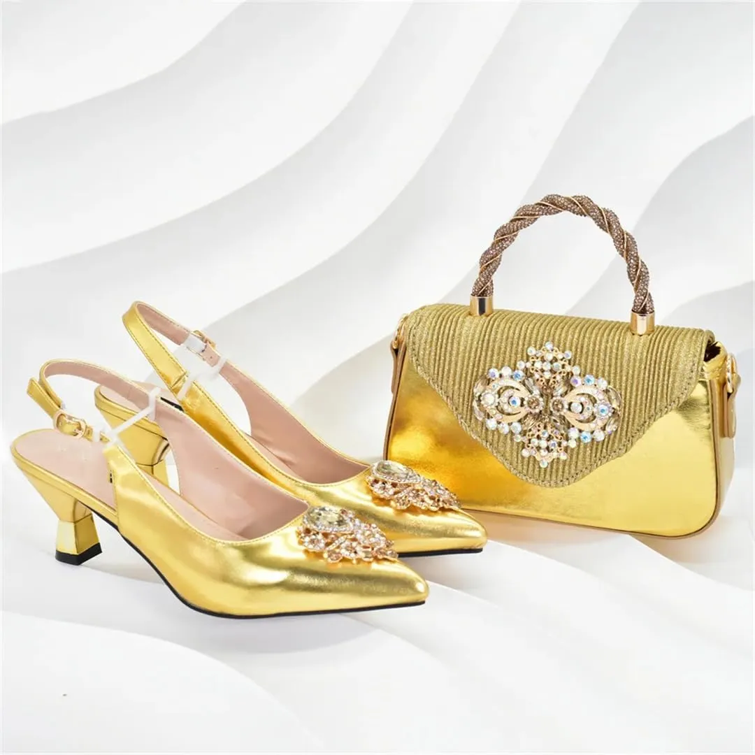 WomenS Elegant Pumps and Handbag Set with Hoof Heels and Crystal Details for Evening Wear