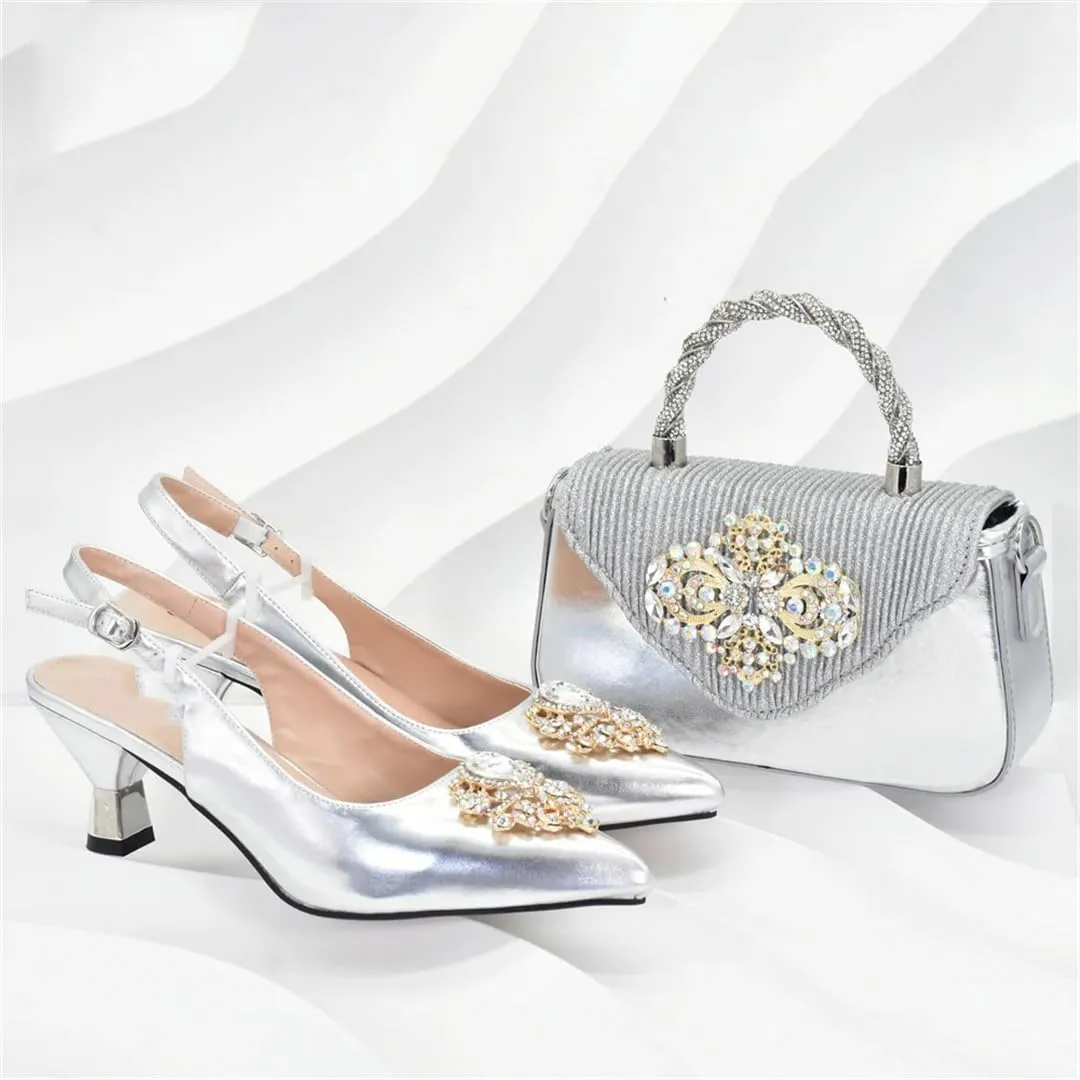 WomenS Elegant Pumps and Handbag Set with Hoof Heels and Crystal Details for Evening Wear