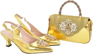 WomenS Elegant Pumps and Handbag Set with Hoof Heels and Crystal Details for Evening Wear