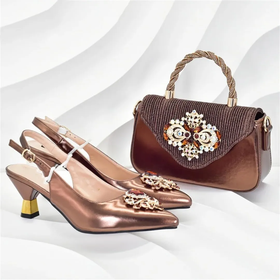 WomenS Elegant Pumps and Handbag Set with Hoof Heels and Crystal Details for Evening Wear