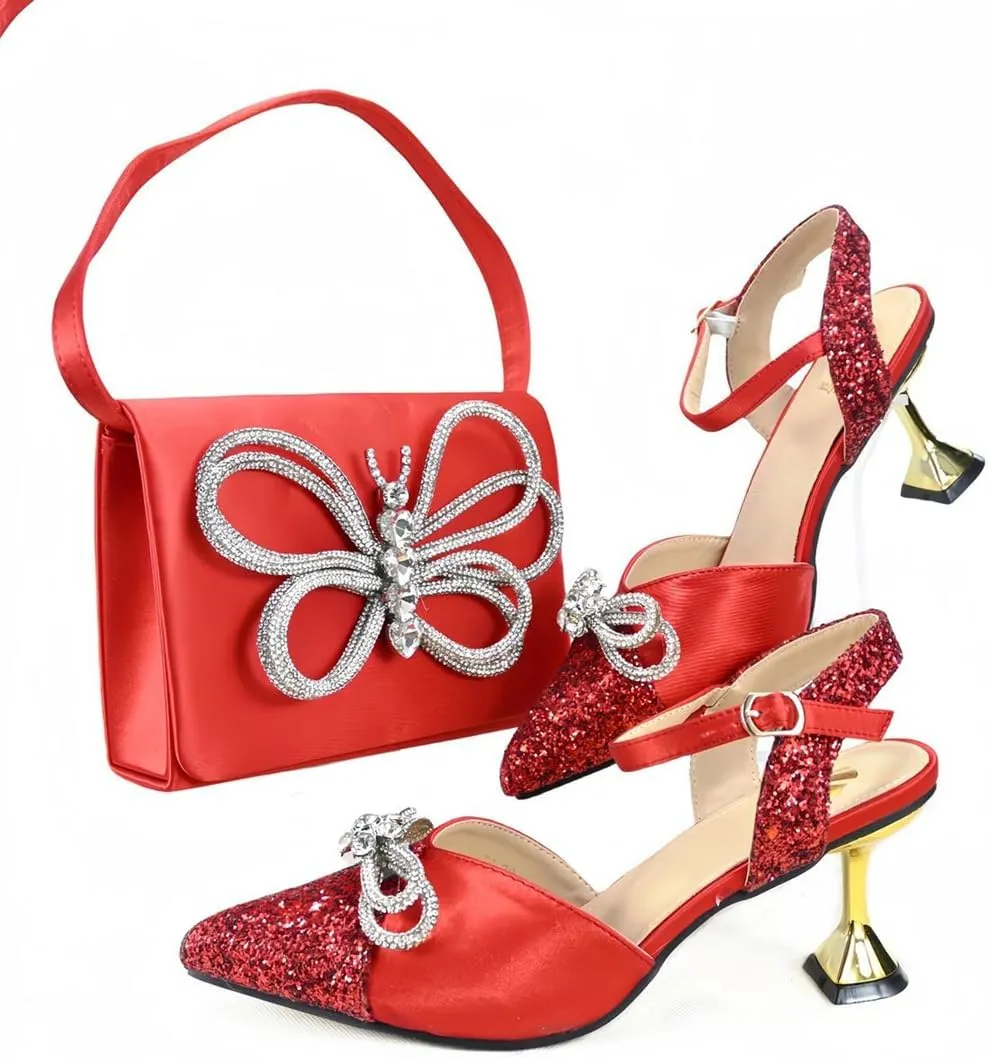 WomenS Elegant Red Shoes and Bag Set Pointed Toe Spike Heels Buckle Strap High Heel for Party