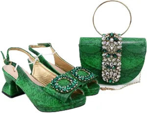 Womens Elegant Rhinestone Pattern Evening Shoes and Matching Clutch Set Luxury Heels for Bridal Party