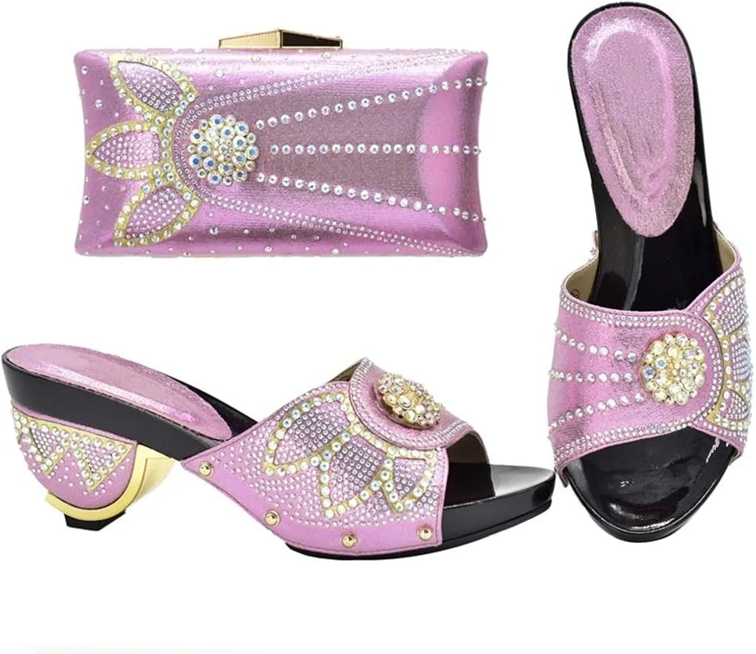 Womens Evening Shoes and Bag Sets Italian Style High Heels African with Rhinestone Crystal Clutch for Wedding Party