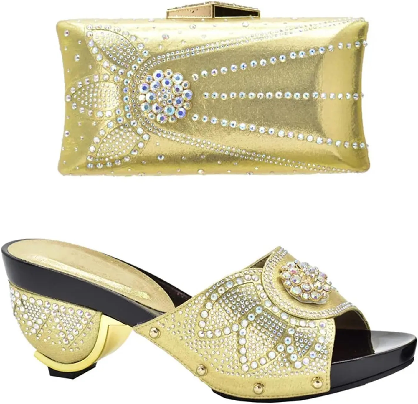 Womens Evening Shoes and Bag Sets Italian Style High Heels African with Rhinestone Crystal Clutch for Wedding Party