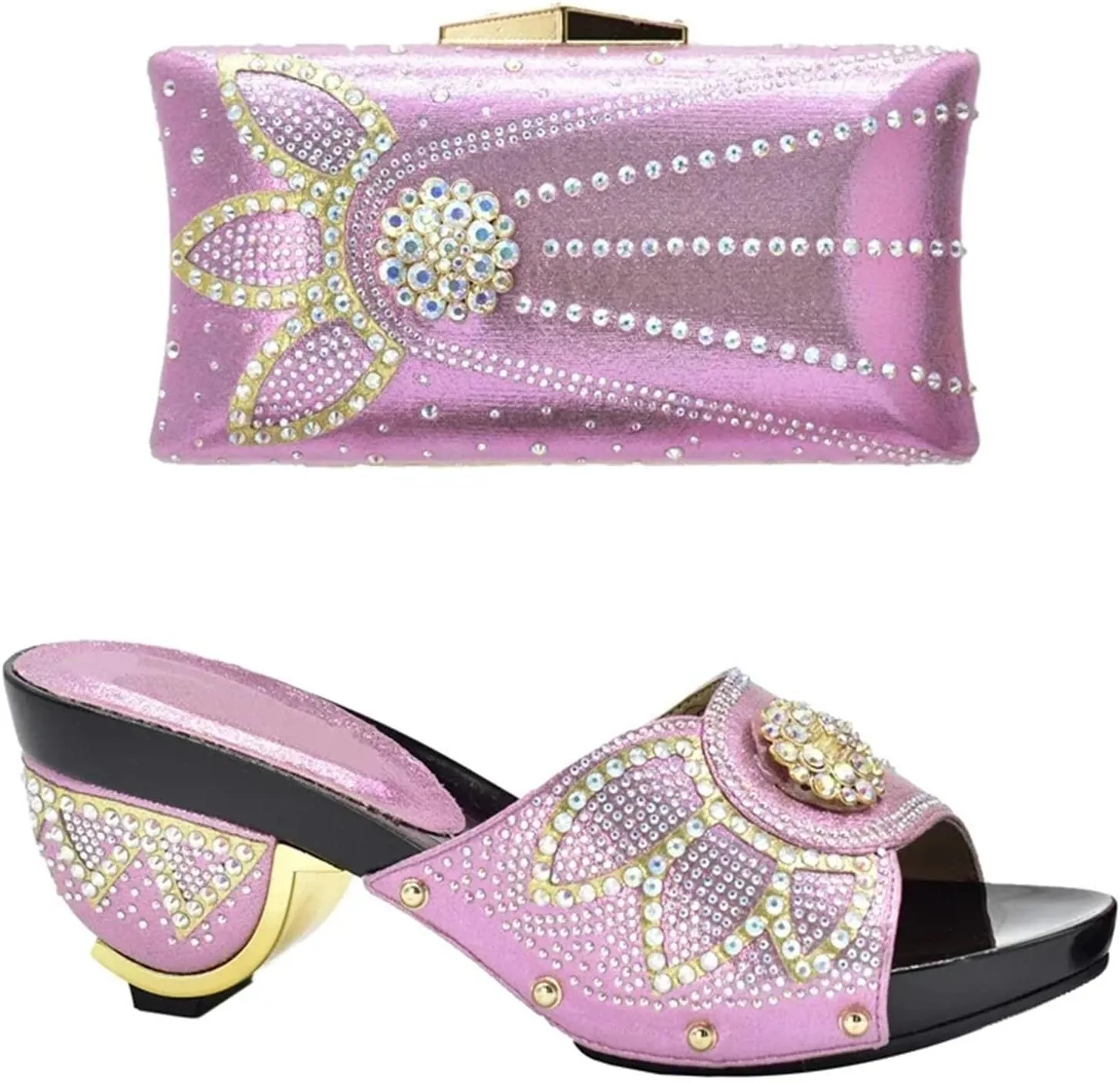 Womens Evening Shoes and Bag Sets Italian Style High Heels African with Rhinestone Crystal Clutch for Wedding Party