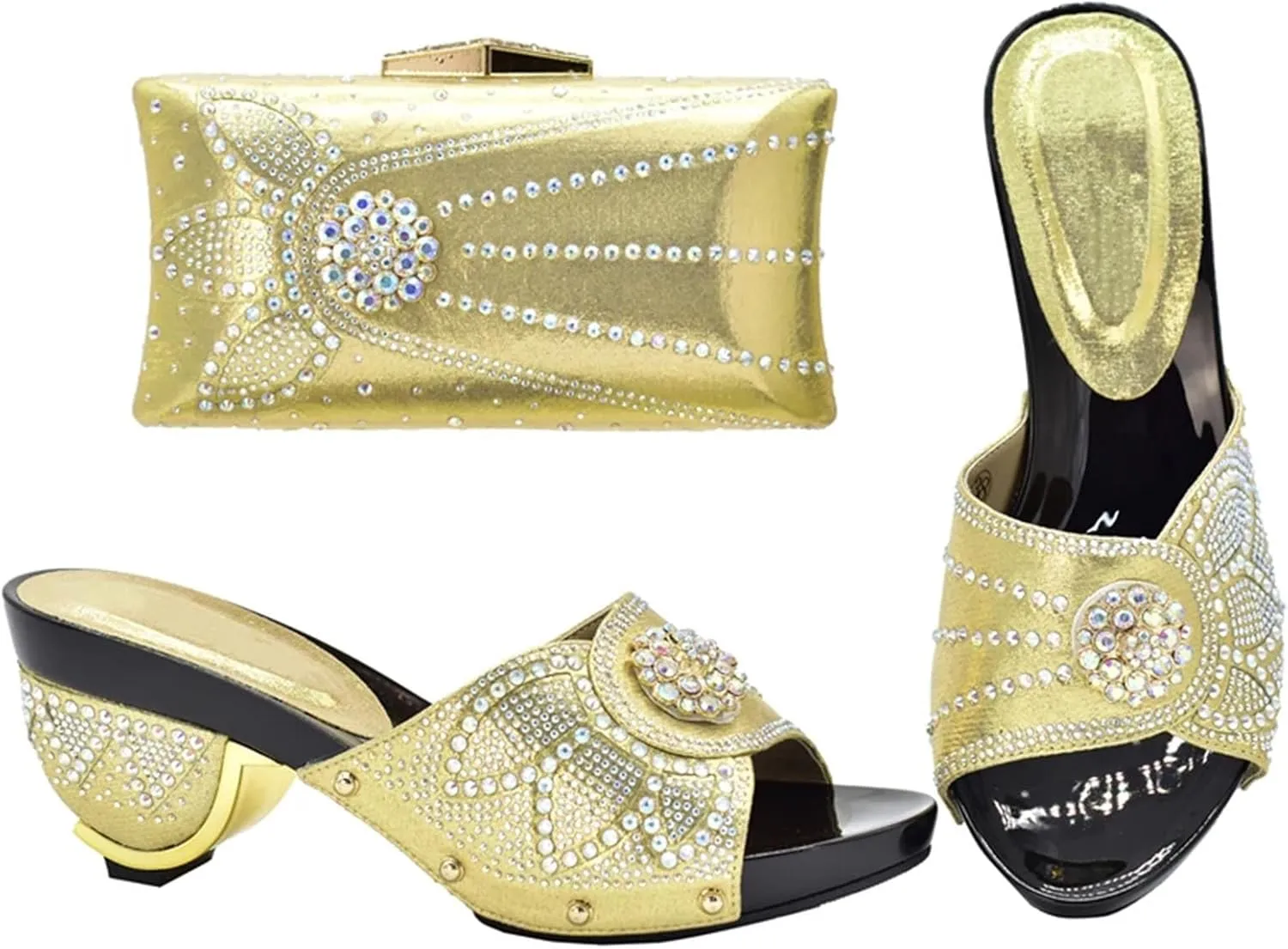 Womens Evening Shoes and Bag Sets Italian Style High Heels African with Rhinestone Crystal Clutch for Wedding Party