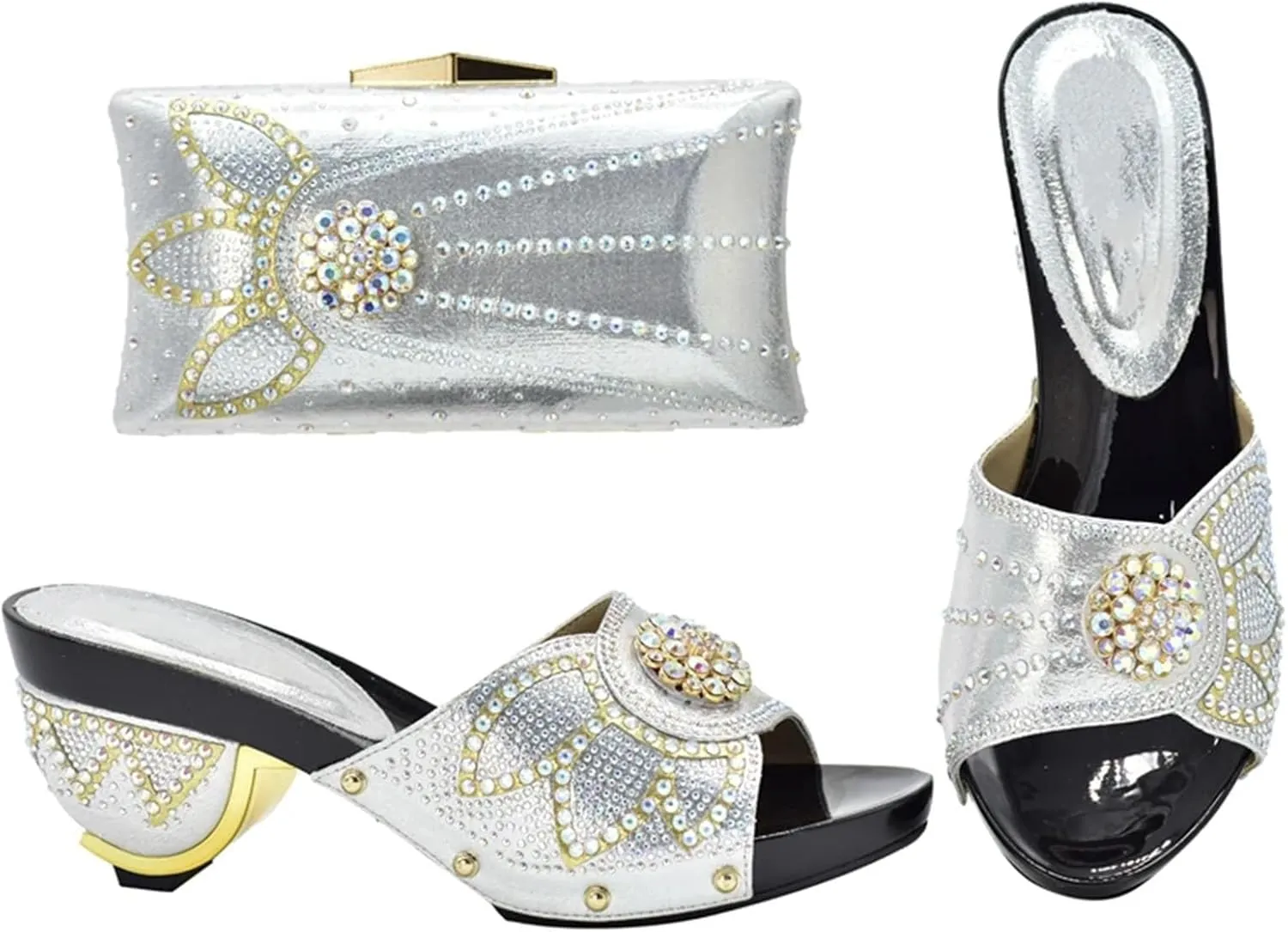 Womens Evening Shoes and Bag Sets Italian Style High Heels African with Rhinestone Crystal Clutch for Wedding Party