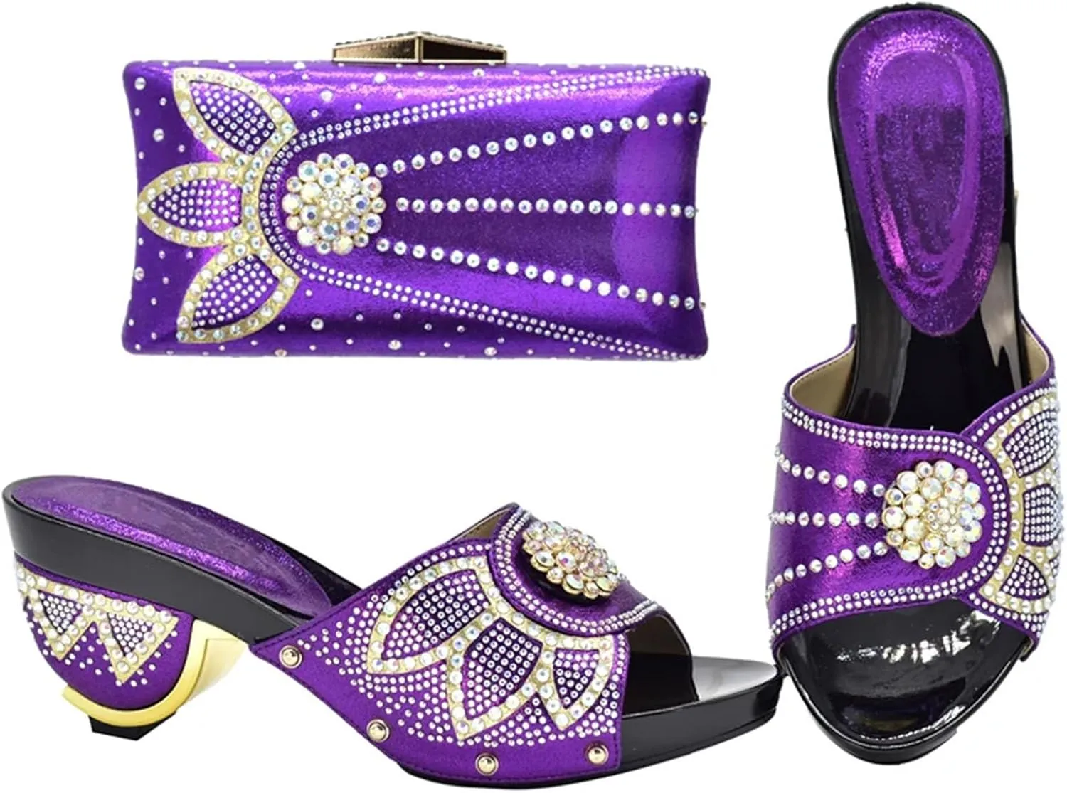 Womens Evening Shoes and Bag Sets Italian Style High Heels African with Rhinestone Crystal Clutch for Wedding Party