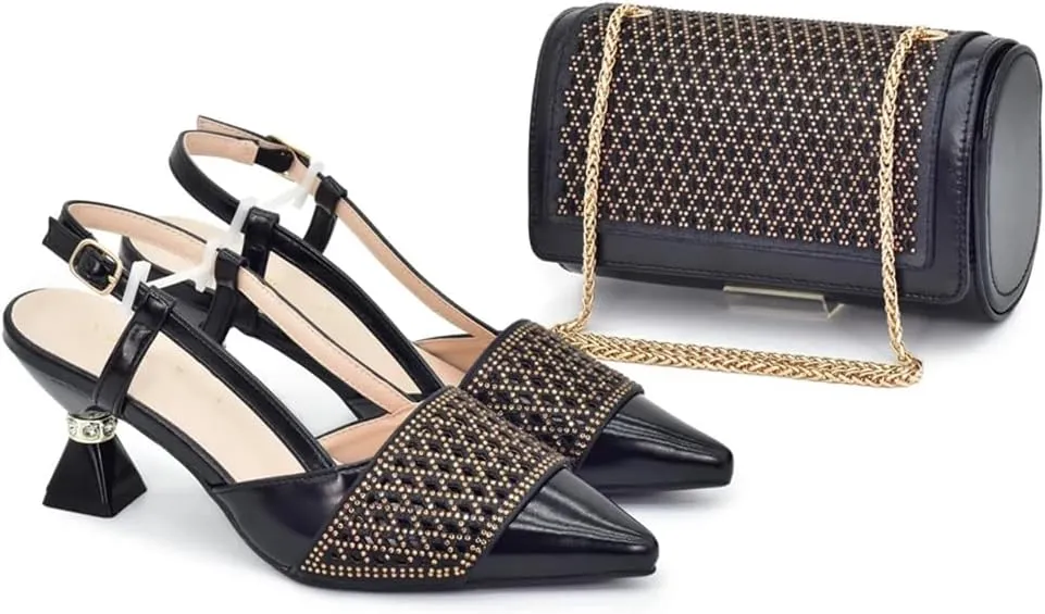 WomenS Fashion Italian Leather Shoes and Bag Set for Evening Party with Rhinestone Decorations and Soft Leather