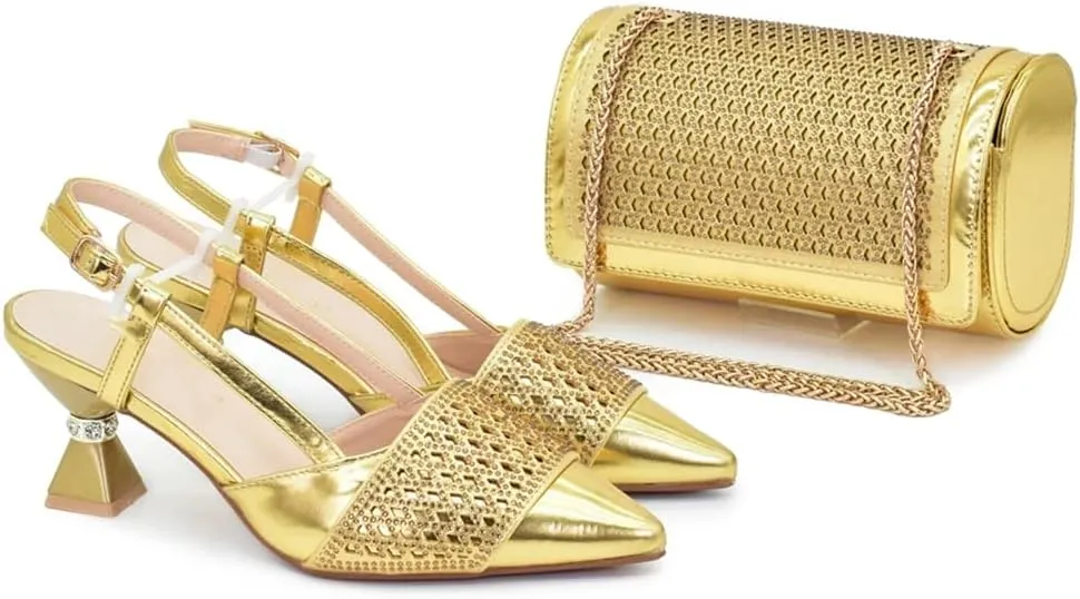 WomenS Fashion Italian Leather Shoes and Bag Set for Evening Party with Rhinestone Decorations and Soft Leather