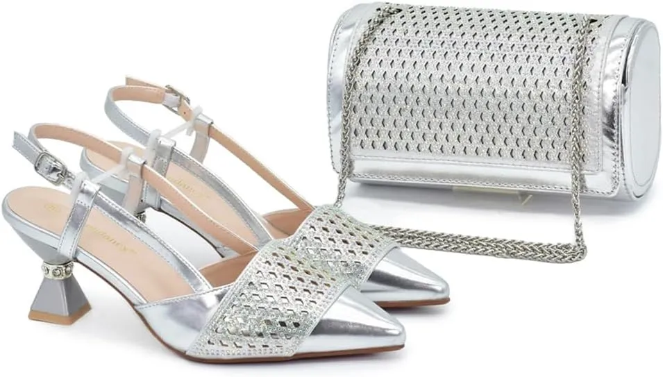 WomenS Fashion Italian Leather Shoes and Bag Set for Evening Party with Rhinestone Decorations and Soft Leather