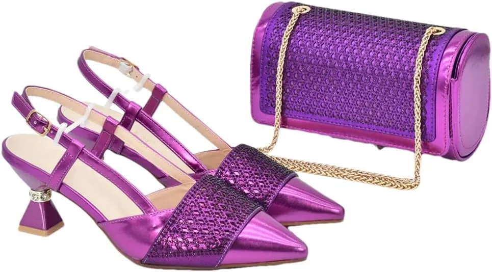 WomenS Fashion Italian Leather Shoes and Bag Set for Evening Party with Rhinestone Decorations and Soft Leather