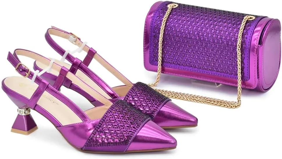 WomenS Fashion Italian Leather Shoes and Bag Set for Evening Party with Rhinestone Decorations and Soft Leather