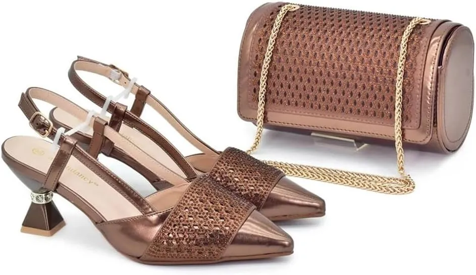 WomenS Fashion Italian Leather Shoes and Bag Set for Evening Party with Rhinestone Decorations and Soft Leather