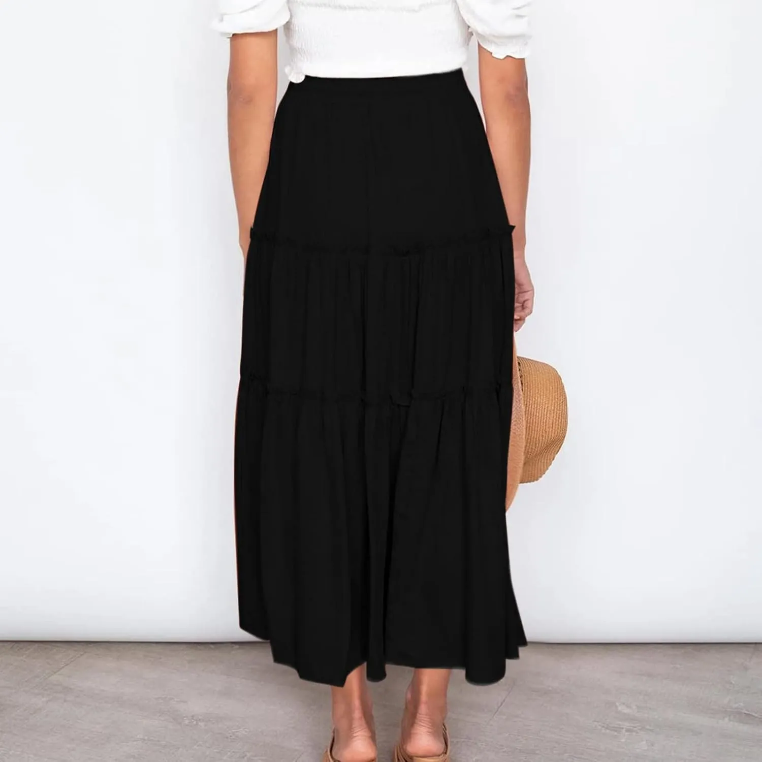Women's Flowy Boho Maxi Skirt Elastic High Waist Tie A Line Dress Pleated Tiered Summer Casual Beach Long Skirts